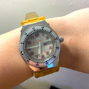 Gently used Technomarine Watch with silver and pearl face and jelly band